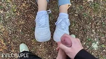 play Long tongue gives blowjob in the woods and receive cumshot on her nike air1